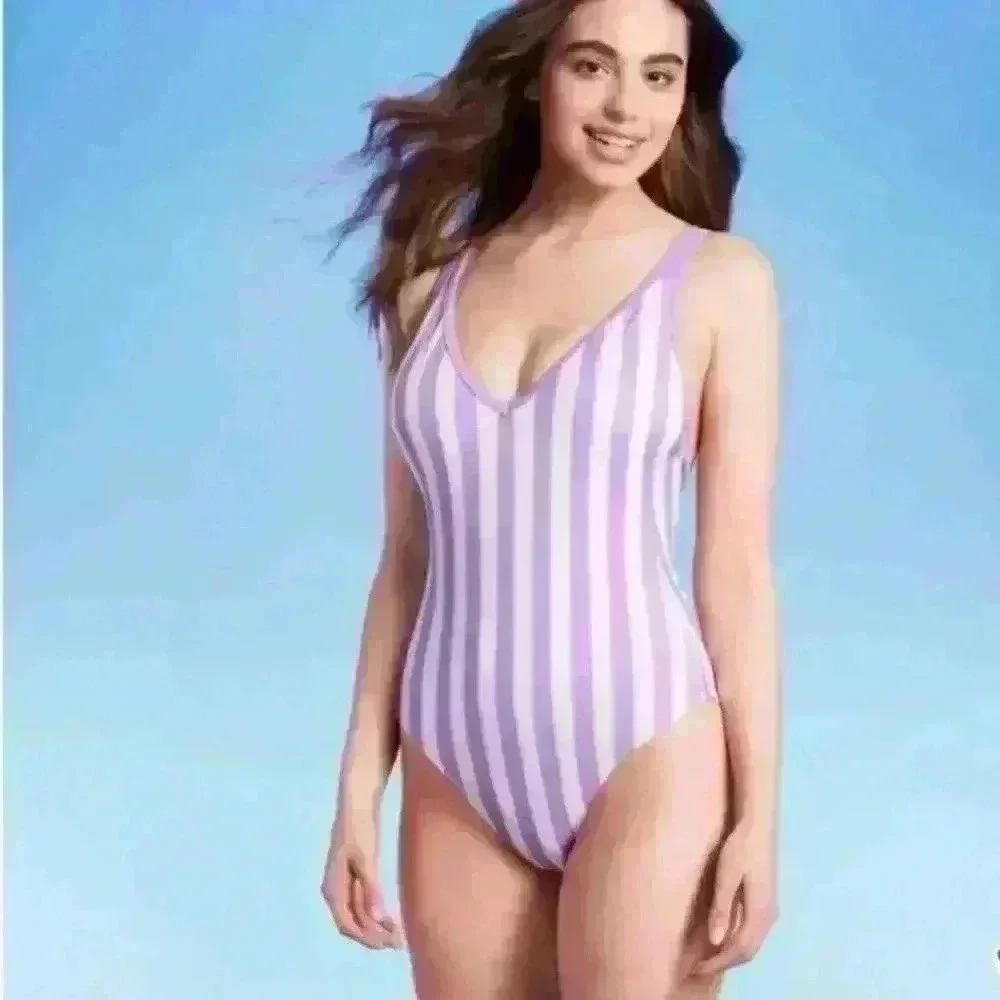 Kona Sol Purple Stripe V Neck Low Back High Leg One Piece Swimsuit Size L